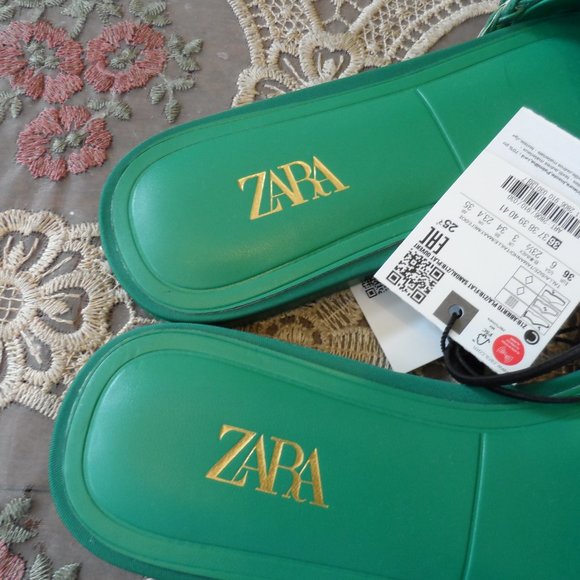 New Zara Green Woven Rhinestone Slip On Sandals Size 6M - Picture 8 of 14